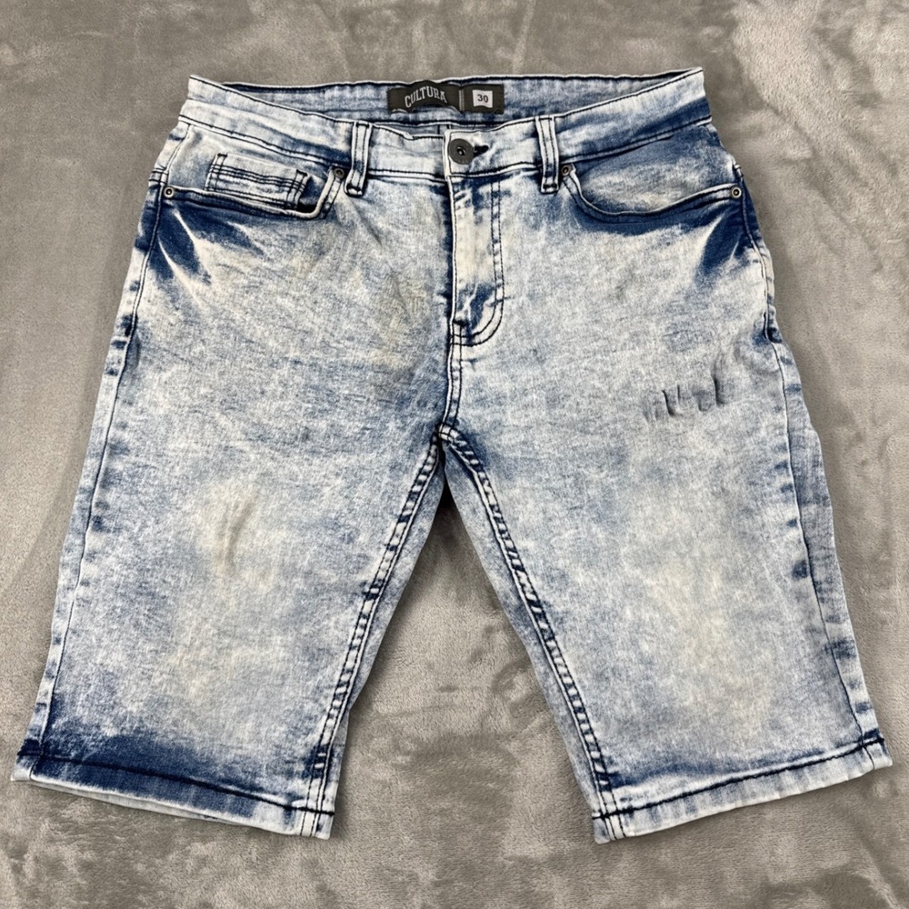 Cultura‎ Mens Acid Wash Denim Shorts Light Blue White Size 30 Slim Stretch Moto